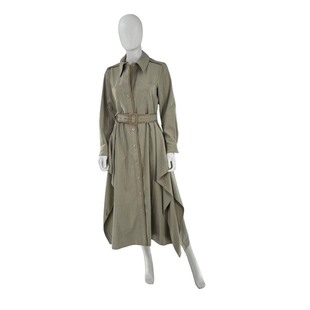 Tuckernuck NEW Sage Green Faux Leather Trim Collared Maxi Dress Size M - Picture 9 of 13